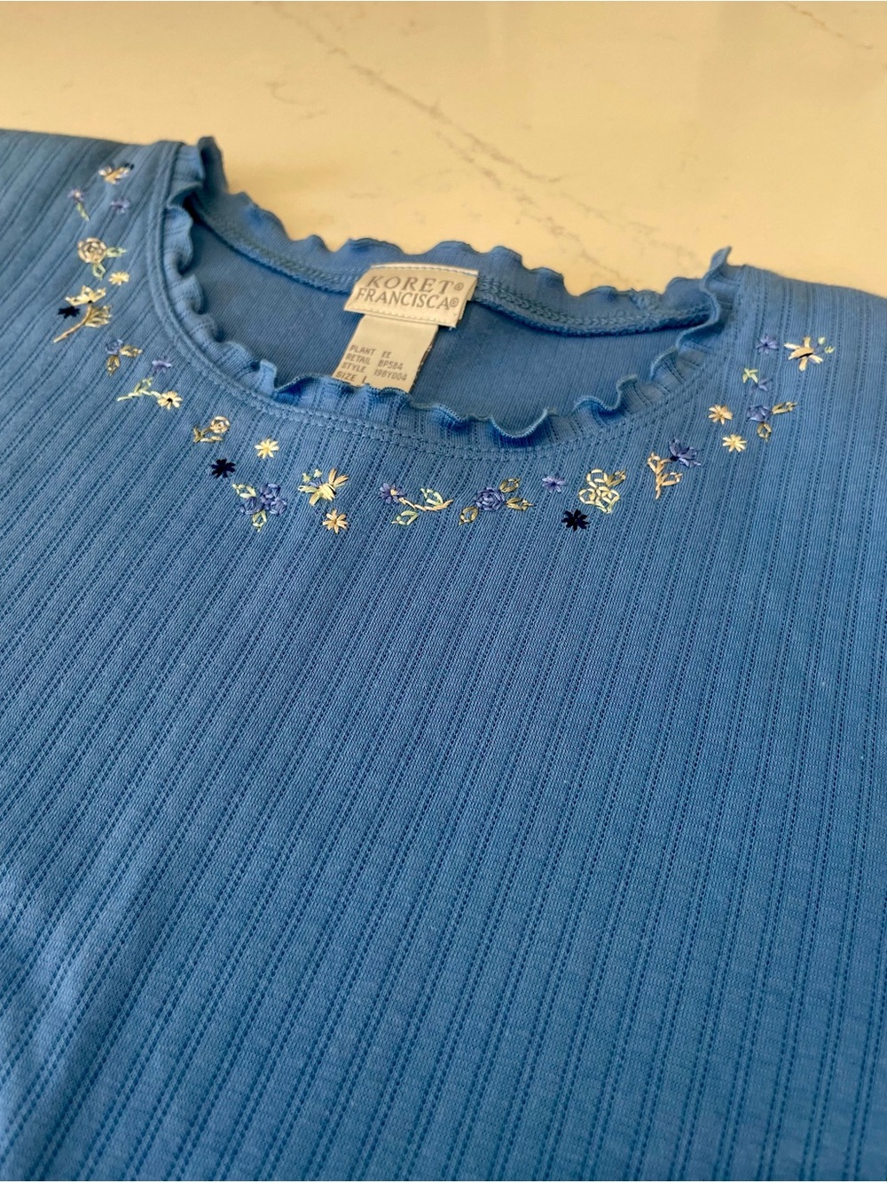 Koret Blue Ribbed Floral Embroidered Ruffled Crewneck Top, NWT